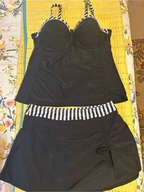 Black Tankini Set with Black-and-White Stripe Trim